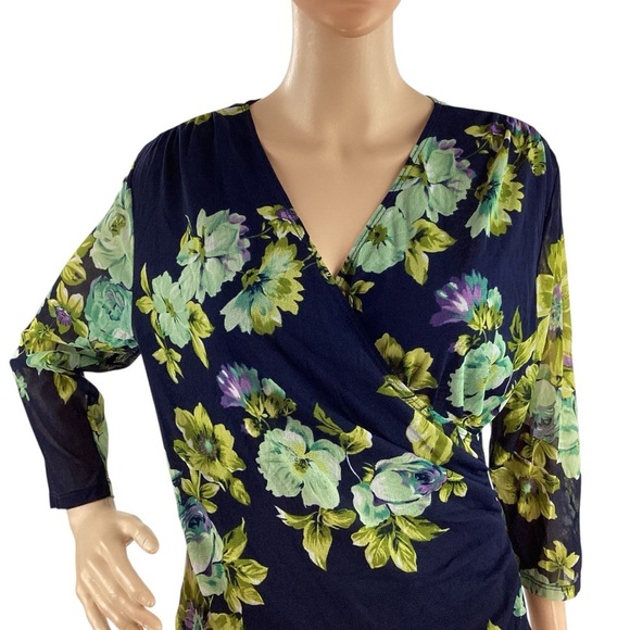 Coldwater Creek Navy Floral Faux Wrap Blouse 3/4 Sleeve Size M - Picture 2 of 7